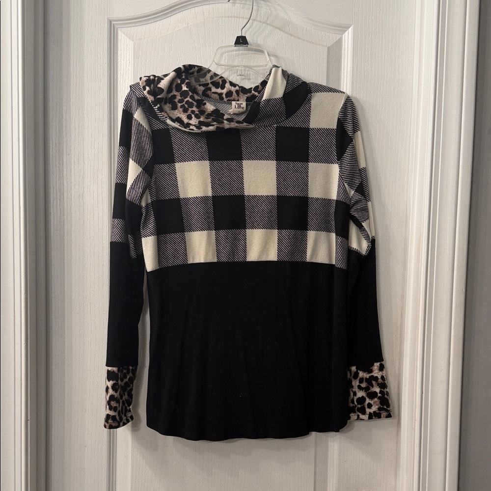 Sew In Love Black and Cream Plaid Cowl-Neck Mixed-Print Sweater